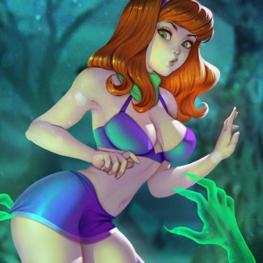 1girls, bra, cleavage, daphne blake, didi esmeralda, ghosts, green eyes, large breasts, long hair, miniskirt, orange hair, scarf, scooby-doo, thick thighs, voluptuous