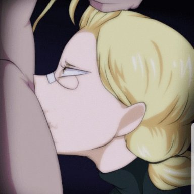 2014, animated, bangs, big penis, black background, black shirt, blonde hair, blowjob, chin komaru, dark background, deepthroat, faceless male, facial, femboy, glasses