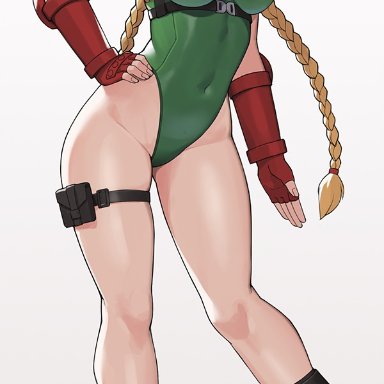 belly, big breasts, black shoes, blonde hair, blue eyes, cammy white, capcom, donburikazoku, long hair, long legs, looking away, red hat, simple background, street fighter, thick thighs