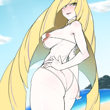 1girls, areolae, ass, bikini, blonde hair, breasts, exabyte, eye contact, female, green eyes, looking at viewer, lusamine (pokemon), mature female, milf, nintendo