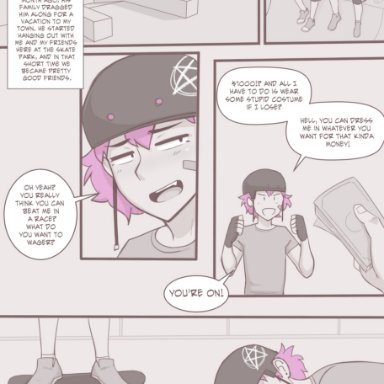 2boys, clothed, clothing, comic, dross, english text, original, original character, skater boi (dross), text