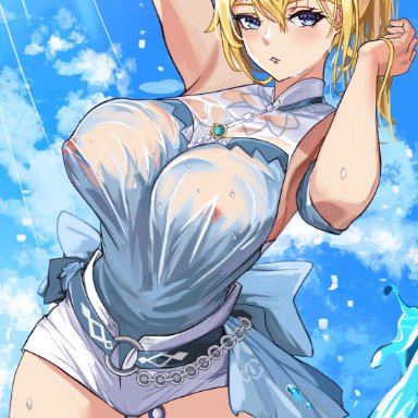 1girls, 2021, arms up, blonde hair, blue eyes, blue sky, blue topwear, bow, breasts, female, female focus, female only, genshin impact, hi res, hips