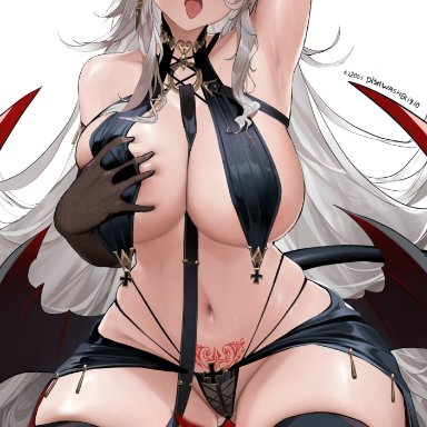 1girls, absurdly long hair, absurdres, aegir (azur lane), arm up, armpits, artist name, ass visible through thighs, azur lane, bangs, bare shoulders, black gloves, black legwear, black panties, breast curtains