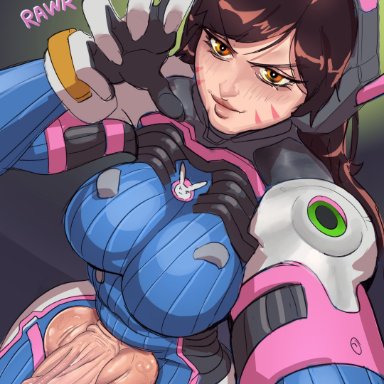 1futa, absurdres, balls, big balls, big breasts, big penis, bodysuit, breasts, brown hair, clothed, clothing, d.va, erection, foreskin, futa only