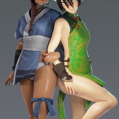 2girls, 3d, aged up, alternate costume, ankle cuffs, artist name, athletic, avatar the last airbender, bangs, bare legs, big boots, black hair, blind, blue clothing, blue eyes