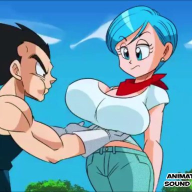 1boy, 1boy1girl, 1girl, 1girls, animated, black hair, blue eyes, blue hair, blue jeans, blue jumpsuit, bulma briefs, canon couple, dragon ball, dragon ball super, dragon ball z