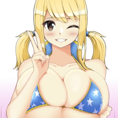 1boy, absurdres, bangs, bikini, blonde hair, blush, breasts, brown eyes, camera, cleavage, collarbone, fairy tail, female, highres, huge breasts