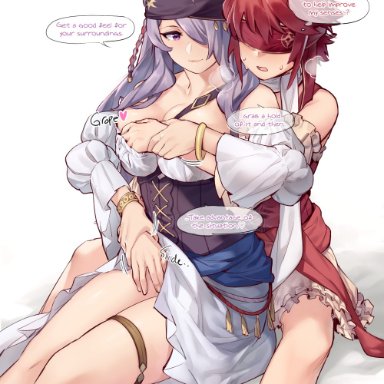 2girls, alternate costume, artist name, assisted exposure, bare legs, blindfold, bracelet, breast grab, breasts, breath, camilla (fire emblem), cleavage, clothes lift, commentary, dress