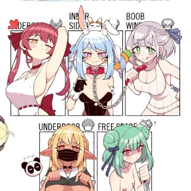 6+girls, animal ears, apron, areola slip, areolae, arm up, armpits, backless outfit, bandaid, bandaids on nipples, bangs, bare shoulders, black gloves, black legwear, black shirt