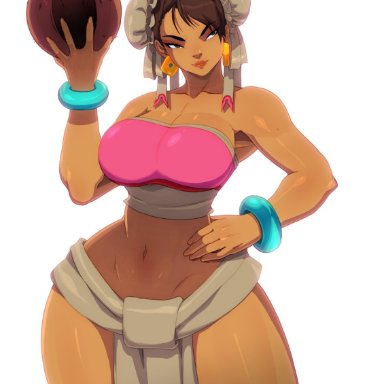 1girls, alternate skin color, armpits, asian, asian female, ball, bare shoulders, belly, belly button, big hips, big thighs, bracelet, bracelets, brown hair, capcom