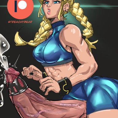 1futa, abs, balls, balls expansion, bare shoulders, big breasts, big penis, blonde hair, braid, breasts, clothed, clothing, condom, condom on penis, cum