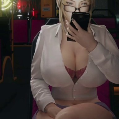 1girls, 3d, big breasts, blonde hair, bulge, bus, bus interior, cellphone, cleavage, curvaceous, curves, dead or alive, generalbutch, glasses, high resolution