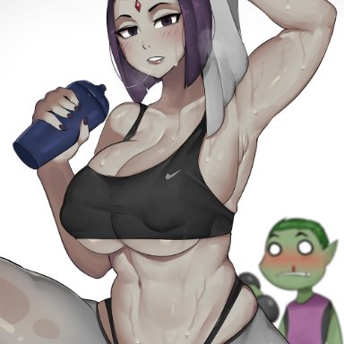 beast boy, big breasts, crop top, elijahzx, elzx, looking at viewer, raven, raven (dc), saliva trail, sweat, wet clothes