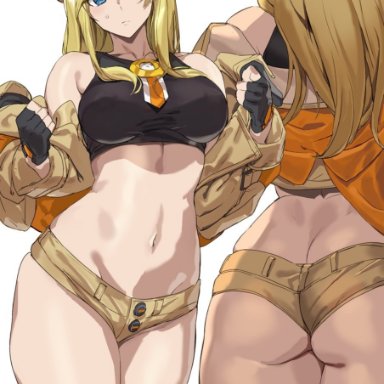 ashiomi masato, ass, blonde hair, blue eyes, butt crack, guilty gear, long hair, looking at viewer, millia rage, navel, short shorts, shorts, standing, sweat, tagme