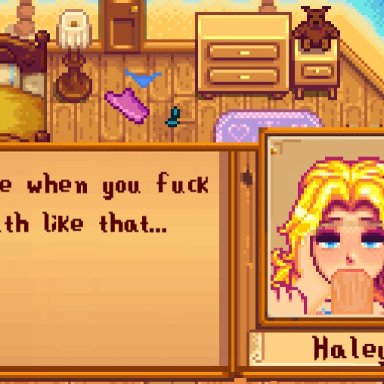 animated, bedroom, bedroom eyes, blonde hair, blue eyes, deepthroat, fellatio, haley (stardew valley), hand on head, oral sex, pixel art, stardew valley, sucking penis, text box, theevilfallenone