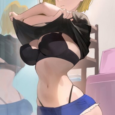 android 18, bra, daisy dukes, dragon ball, dragon ball z, female, hood x art, solo, thong straps, undressing