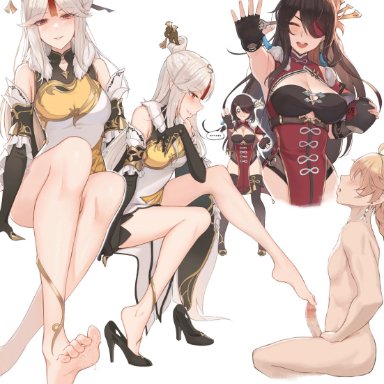 ..., 1boy, 2girls, aether (genshin impact), bare shoulders, barefoot, beidou (genshin impact), black gloves, black hair, blonde hair, blush, breasts, censored, claw ring, closed eyes