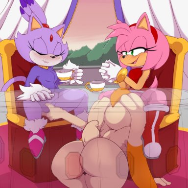 3girls, amy rose, anthro, beverage, bigdon1992, blaze the cat, clothed, clothing, cunnilingus, domestic cat, duo, eulipotyphlan, felid, feline, felis