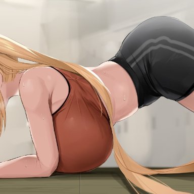 1girls, 2020s, 2021, all fours, arched back, ass, ass up, big breasts, black shorts, black wristband, blend s, blonde hair, blue eyes, blurry background, breasts