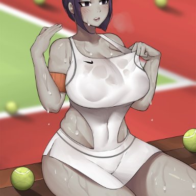 big breasts, elijahzx, elzx, raven, raven (dc), short skirt, sweat, sweatdrop, tagme, tennis uniform, wet clothes