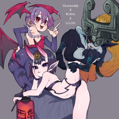 3girls, capcom, darkstalkers, english text, fate/grand order, fate (series), female, female only, grey background, imp, imp midna, lilith aensland, midna, nintendo, oni