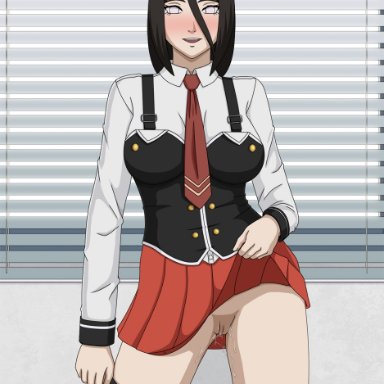 1girls, bible black, boruto: naruto next generations, breasts, brown hair, clothed, clothed female, clothing, cosplay, costume, dripping, dripping pussy, elec-ant, female, female only