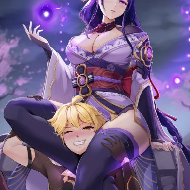 1boy, 1girls, aether (genshin impact), asphyxiation, baal (genshin impact), between legs, between thighs, blonde hair, blush, busty, choking, cleavage, clenched teeth, clothing, defeated