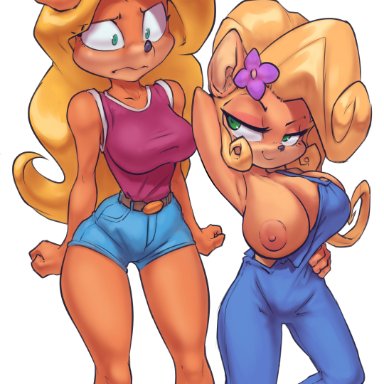 2girls, activision, anthro, big breasts, breasts, coco bandicoot, crash (series), crash bandicoot (series), female, female only, hips, huge breasts, jean shorts, large breasts, legs