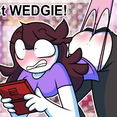 1girls, ass, background, black pants, blush, brown hair, butt blush, female, female focus, female only, fetish, jaiden, jaiden animations, jaidenanimations, logo