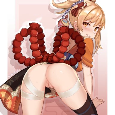 anus, ass, ass focus, bandages, bangs, black legwear, blonde hair, eyebrows visible through hair, female, fingerless gloves, genshin impact, gloves, hair between eyes, hair ornament, highres