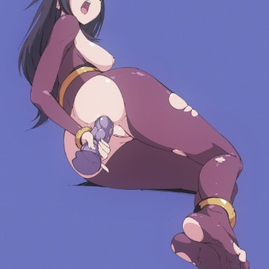 1girls, anal, ass, black hair, blue background, bodystocking, breasts outside, closed eyes, dildo, fire emblem, fire emblem: awakening, flou, large ass, long hair, looking pleasured