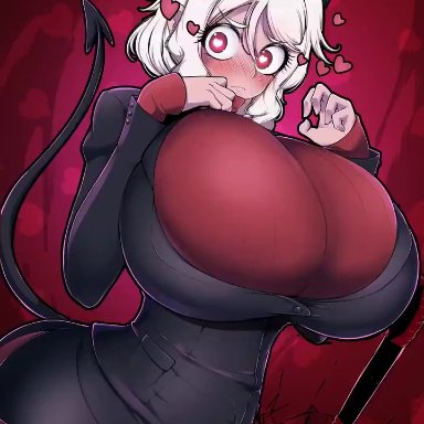 1girls, animated, big breasts, black horn, black horns, breasts, busty, cleavage, demon, demon girl, demon horns, demon tail, demoness, female, gif