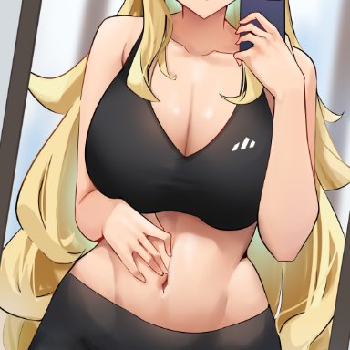 1girls, big breasts, blonde hair, breasts, busty, child bearing hips, cleavage, cromwellb, cynthia (pokemon), female, female only, grey eyes, hair over one eye, huge breasts, mature