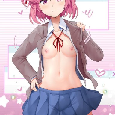 1girls, areolae, blush, blushing at viewer, breasts, clothed, clothing, dialogue, doki doki literature club, female, female only, fit, fit female, hair ornament, hair ribbon