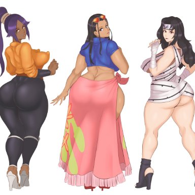 3girls, ass, ass focus, big ass, big breasts, big butt, black hair, bleach, bubble ass, bubble butt, crossover, curvy figure, fat ass, female, kurenai yuhi