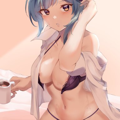 1girls, blush, bra, breasts, coffee, coffee mug, curvy, drink, eula (genshin impact), female, female only, genshin impact, haneramu, hi res, large breasts