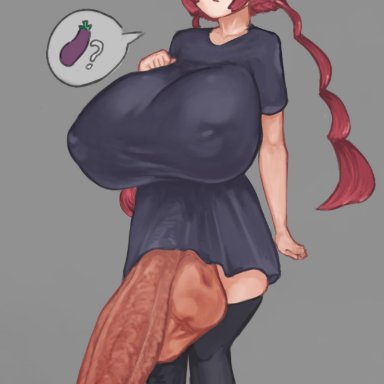 1futa, balls, breasts, clothed, clothing, dress, futa only, futanari, horns, huge balls, huge cock, humanoid, humanoid penis, hyper, hyper penis