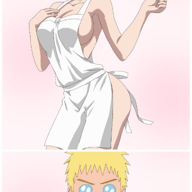 1boy1girl, apron, apron only, before sex, blonde hair, blue eyes, boruto: naruto next generations, breasts, cleavage, clothing, green eyes, hairband, long hair, looking at another, looking at partner