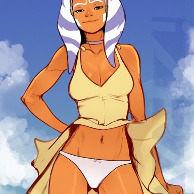 1girls, ahsoka tano, asuka langley sohryu (cosplay), blue eyes, cleavage, clone wars, cloudy sky, cosplay, dress, hand on hip, healthy slim&young body, izra, large breasts, looking at viewer, navel