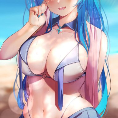 1girls, aqua hair, arm behind back, arm up, beach, belly, big breasts, blue hair, blue miniskirt, blue skirt, blush, breasts, cleavage, colored nails, covered nipples