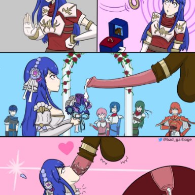 alternate costume, assimilation, badatgarbage, bare shoulders, bestiality, blue eyes, blue hair, bouquet, breasts outside, bride, caeda (fire emblem), catria (fire emblem), choker, choker snapping, comic