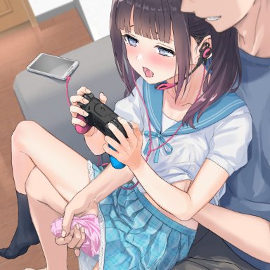 2boys, absurdres, barefoot, black hair, black legwear, blush, brown hair, collarbone, collared shirt, commentary request, controller, couch, crossdressing, door, drooling