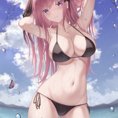 1girls, armpits, arms behind head, arms up, bare arms, bare shoulders, bikini, black bikini, blunt bangs, breasts, bug, butterfly, cleavage, cloud, collarbone