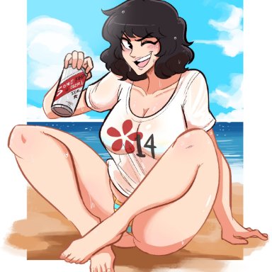 beach, big ass, big breasts, drunk, panties, persona, persona 5, sadayo kawakami, scruffyturtles, swimsuit