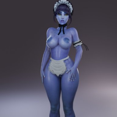 3d, blender, blizzard entertainment, blue skin, breasts, exposed breasts, exposed nipples, exposed pussy, female, female focus, female only, gasping, large breasts, looking at viewer, looking surprised