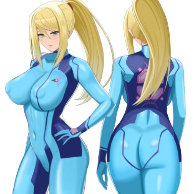 1girl, ass, blonde hair, blue eyes, bodysuit, breasts, female, hand on hip, higohushi, looking at viewer, medium hair, metroid, nintendo, nipples visible through clothing, open mouth