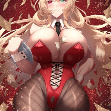 1girls, absurd res, barely contained, blonde hair, blush, breasts, bunnysuit, busty, child bearing hips, curvaceous, curvy, embarrassed, exhibitionism, fate (series), female