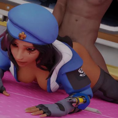 3d, ana amari, animated, ass, beret, black hair, blender, blizzard entertainment, brown eyes, captain amari, dark-skinned female, dark-skinned male, dark skin, female, from behind