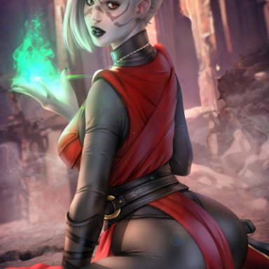 alien, ass, ayyasap, black lipstick, boots, brown eyes, bubble butt, dathomir, dathomiri, facial mark, high heel boots, jedi: fallen order, kneeling, large breasts, looking at viewer