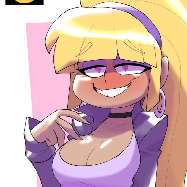 aged up, big breasts, bigdad, blonde hair, blush, cleavage, gravity falls, hand on breast, horny, pacifica northwest, touching breast